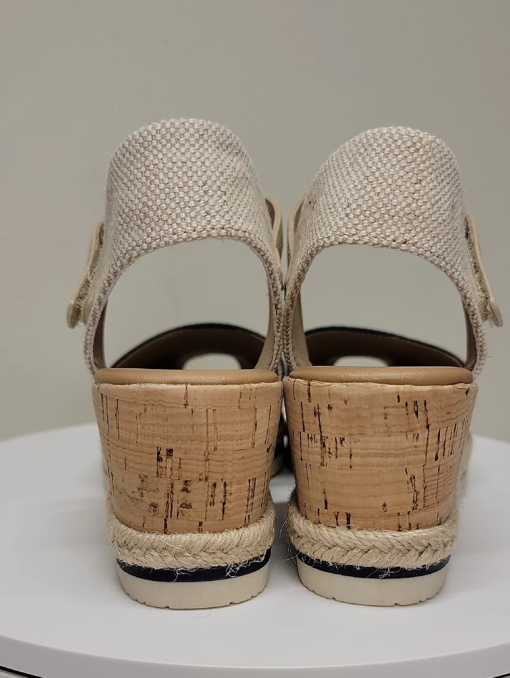 BARETRAPS-NEW IN BOX- Navy Canvas and Beige Cork Wedge Sandals